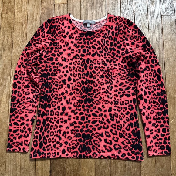 Neiman Marcus Sweaters - Neiman Marcus Cashmere Red Pink Black‎ Leopard Print Long Sleeve Sweater S